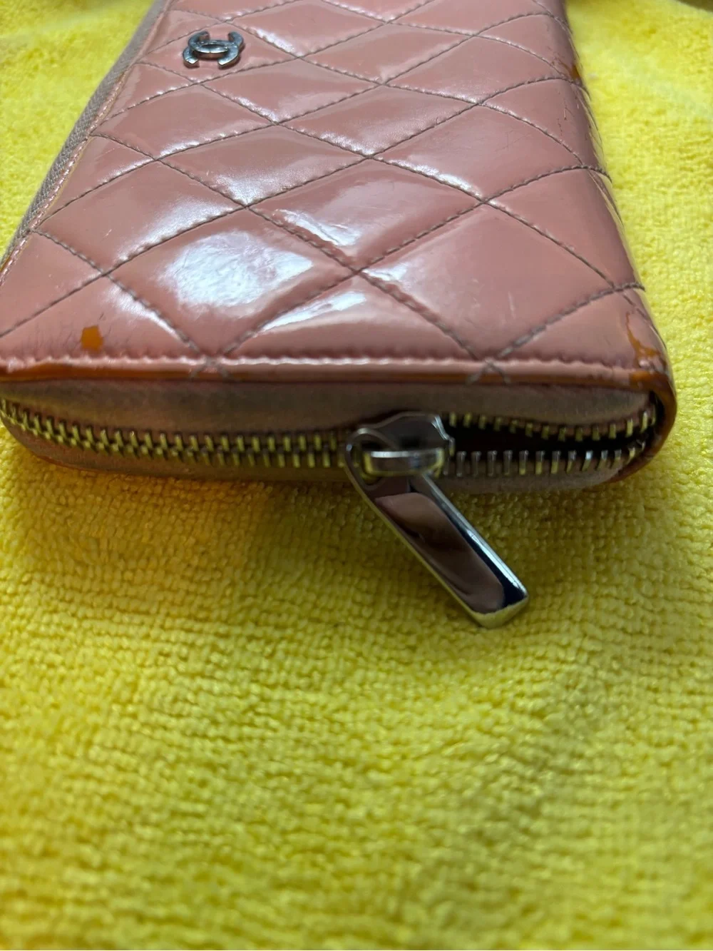 Authentic Chanel Matelasse Brilliant Patent Leather Zip Around Long Wallet Pink